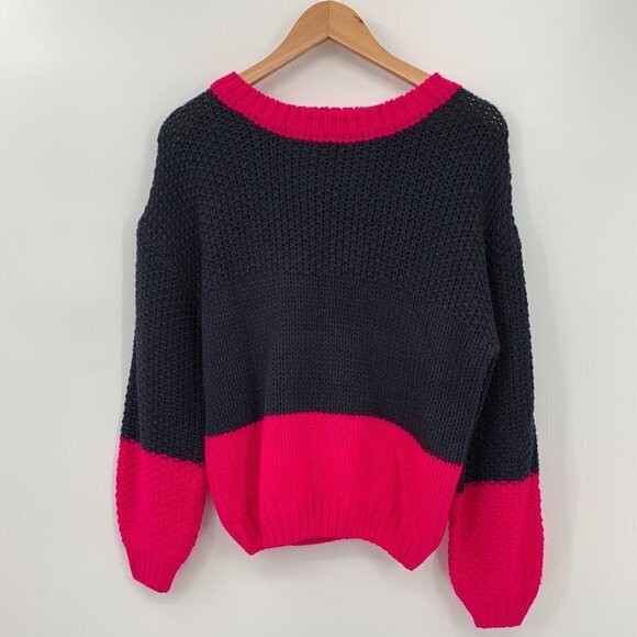 NWT Elodie Chunky Knit Colorblock Crew-Neck Pullover Sweater Blue/Pink Womens XS - Picture 3 of 7